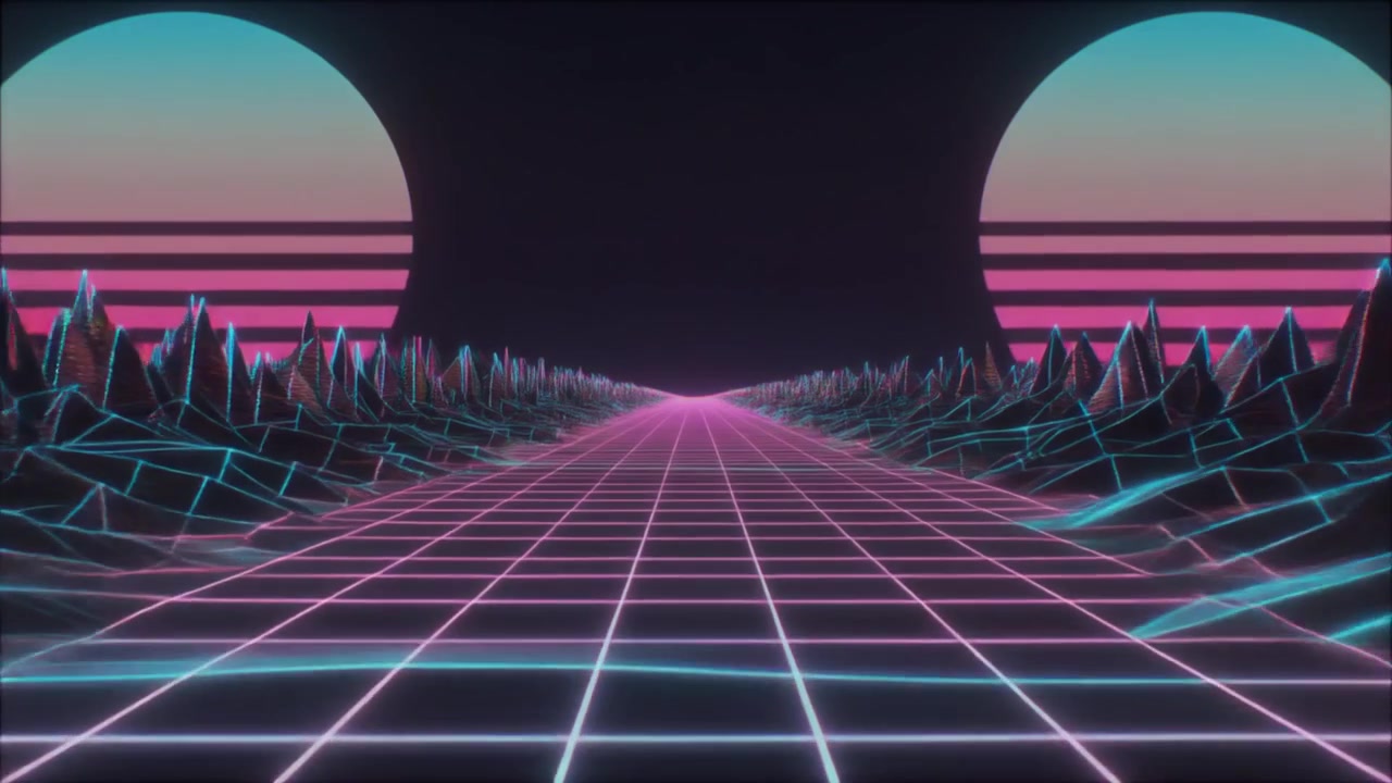 Paesaggio a griglia Retro Synthwave con tramonti luminosi