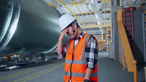 vista lateral de un ingeniero masculino asiático con casco de seguridad que tiene dolor de cabeza mientras está de pie en una fábrica de fabricación de tubos