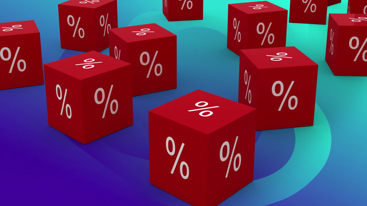 cubos rojos con símbolos porcentuales animación sobre fondo de gradiente azul y verde