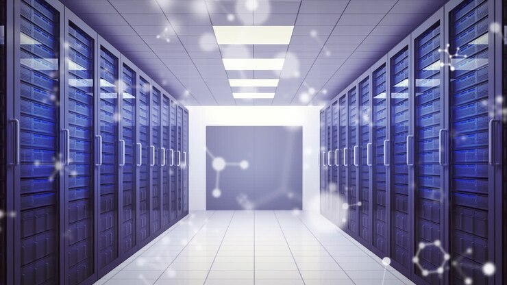Animation of white molecules over computer servers in tech room