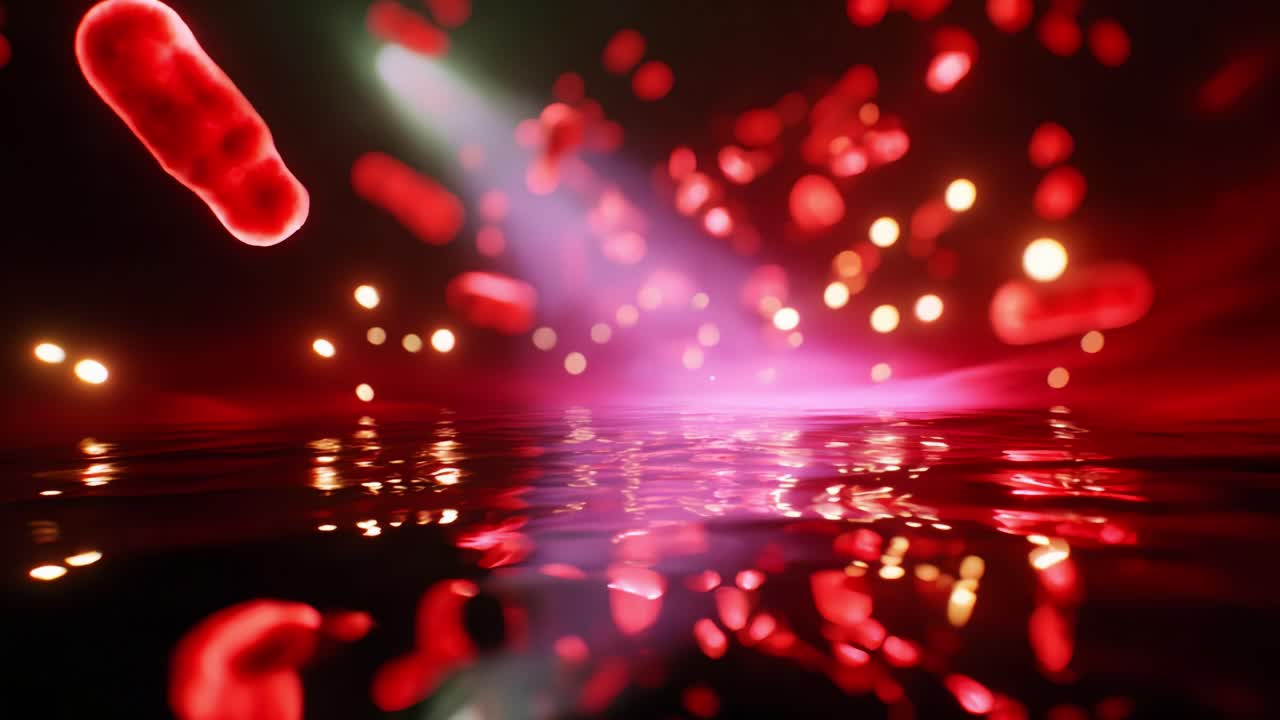 A Captivating View of Microscopic Life Underwater with Ethereal Light Reflections and Vibrant Colors Creating an Engaging Abstract Experience of Bacteria and Cellular Dynamics in Motion