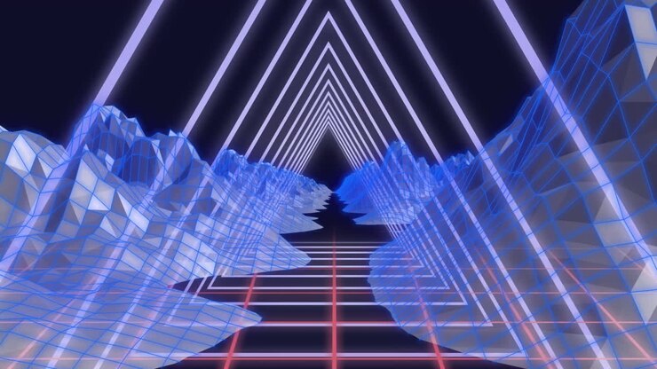 Video of neon triangles over metaverse landscape