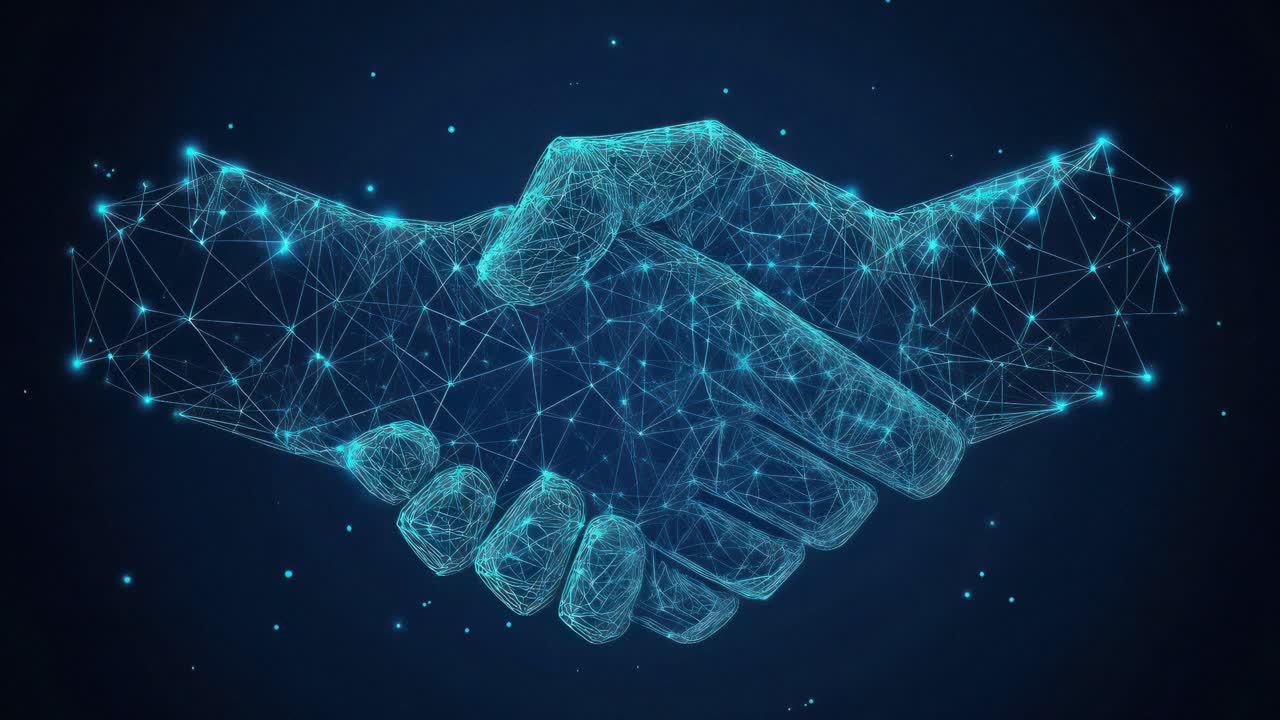 Digital handshake made of glowing blue lines and nodes, symbolizing technology and connection