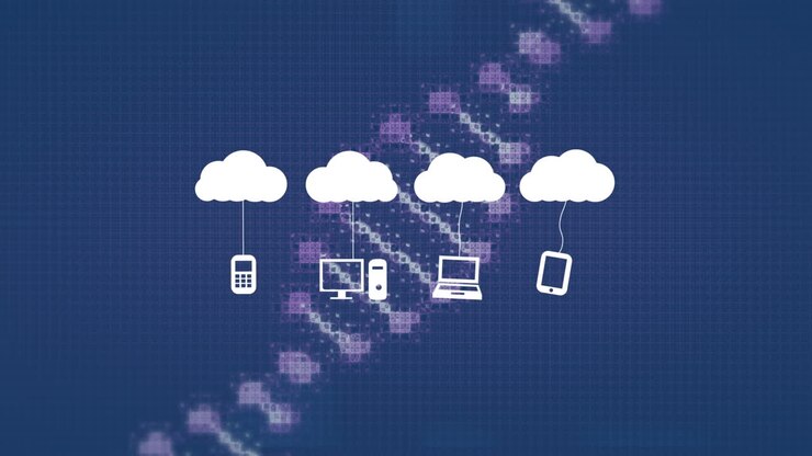 Animation of clouds with icons over graph and dna strand