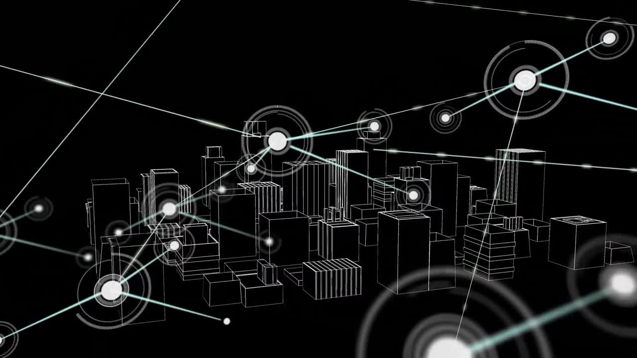 검은 바탕에 회전하는 3d 도시 그림 위에 아이콘으로 연결된 네트워크의 애니메이션