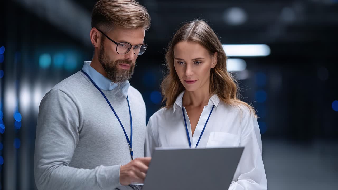 Collaboration in Technology: A Focused Discussion on a Laptop Between Two Professionals in a Modern Workspace Setting