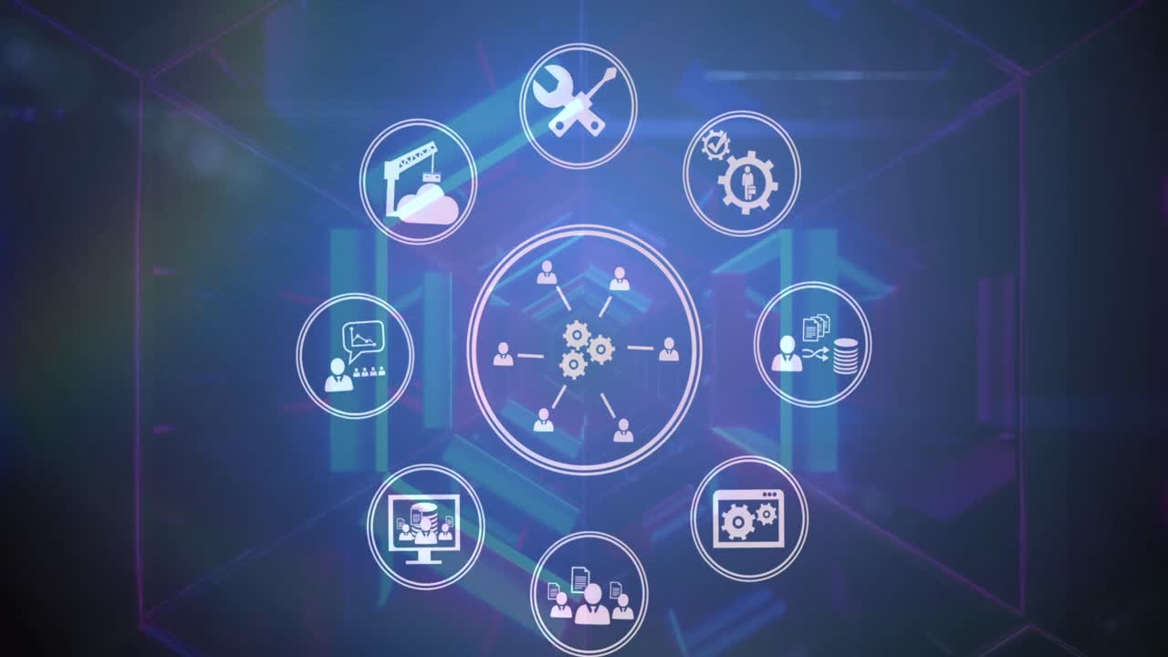 animación de engranajes, personas, grúa, iconos de nubes y finanzas en círculos que se mueven en un túnel iluminado