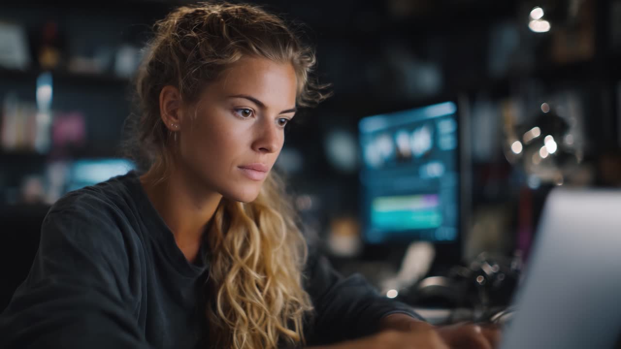 Focused Young Woman Engaged in Digital Work at Computer in a Dimly Lit Room with Multiple Monitors Showing Video Editing and Creative Projects