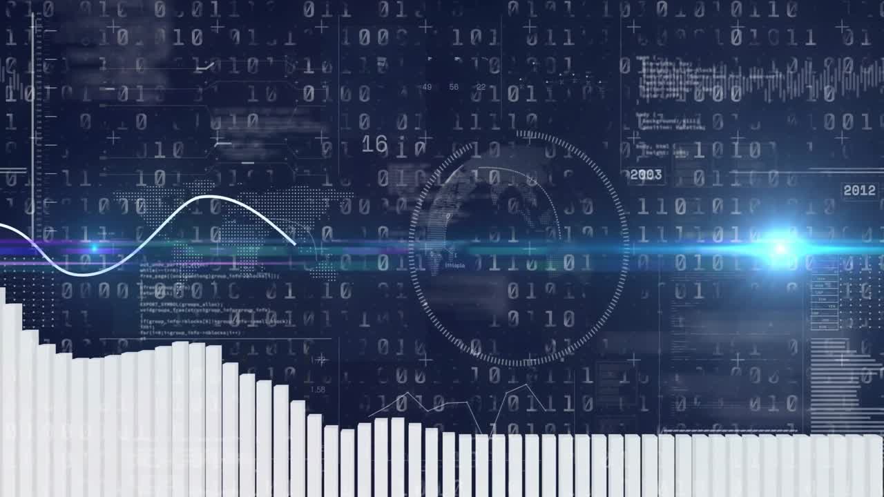 On start bars fluctuating to represent audio data over binary as blue flare accenting visualization