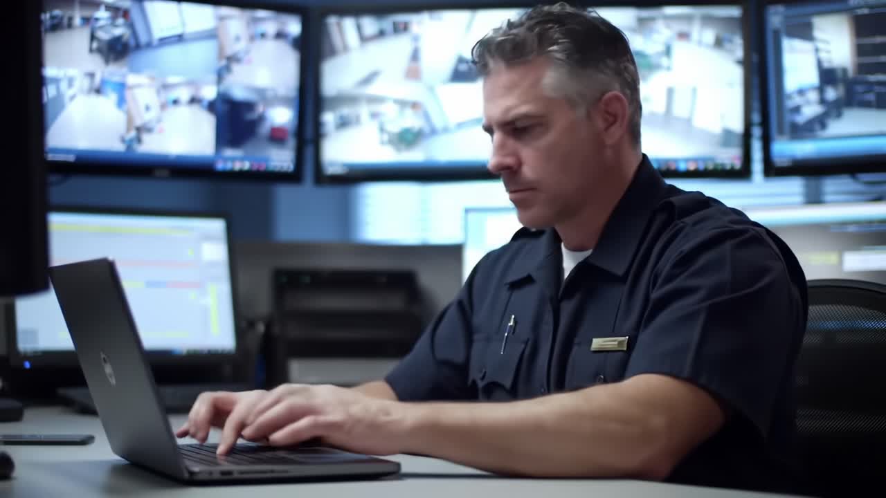 A Dedicated Officer Monitoring Security Systems while Analyzing Data on a Laptop in a High-Tech Control Room Environment