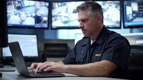 a dedicated officer monitoring security systems while analyzing data on a laptop in a high-tech control room environment