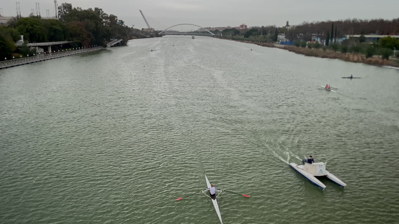 Guadalquivir river flowing through Seville city, featuring sculling boats practicing and a modern bridge in the background