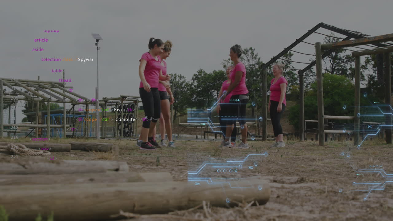 animación del procesamiento de datos y conexiones sobre diversas mujeres que abrazan en una carrera de obstáculos