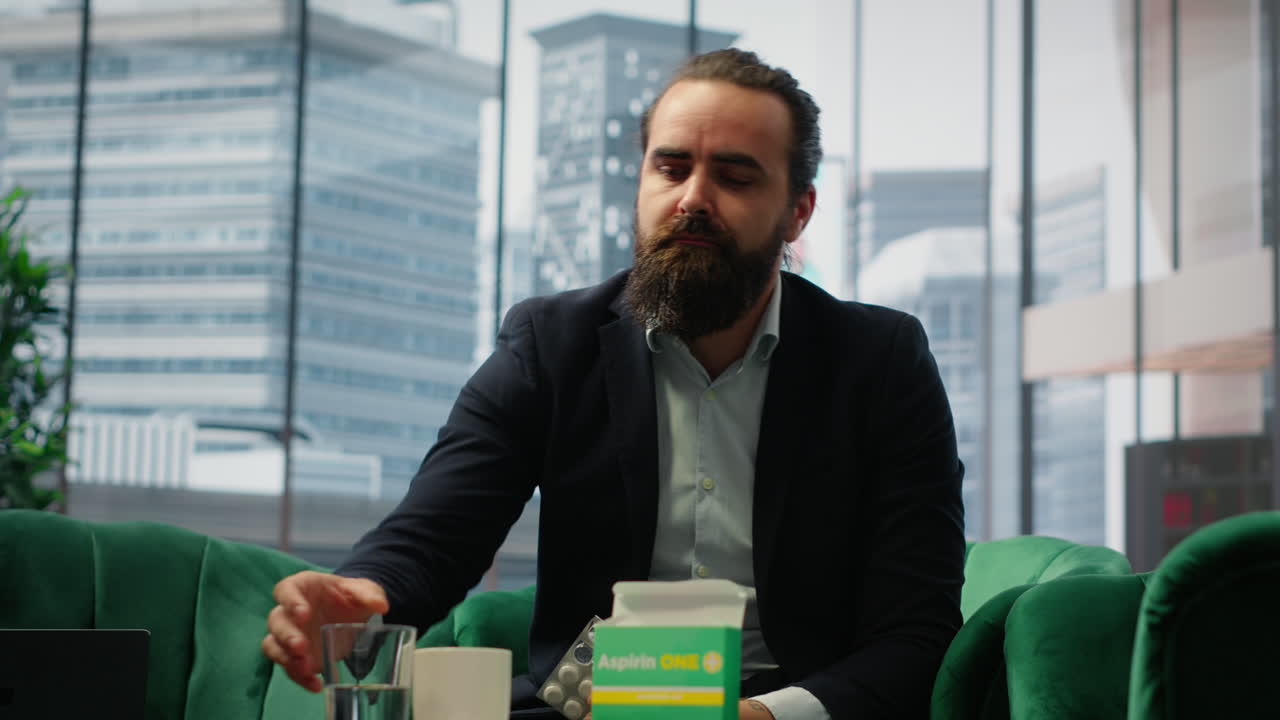 Vertical Video Concerned CEO taking an aspirin to ease the headache due to stress