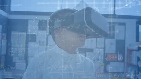 animation of mathematical formulas over schoolboy using vr headset