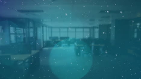 animación de nieve sobre espacio de oficina vacío con escritorios y sillas