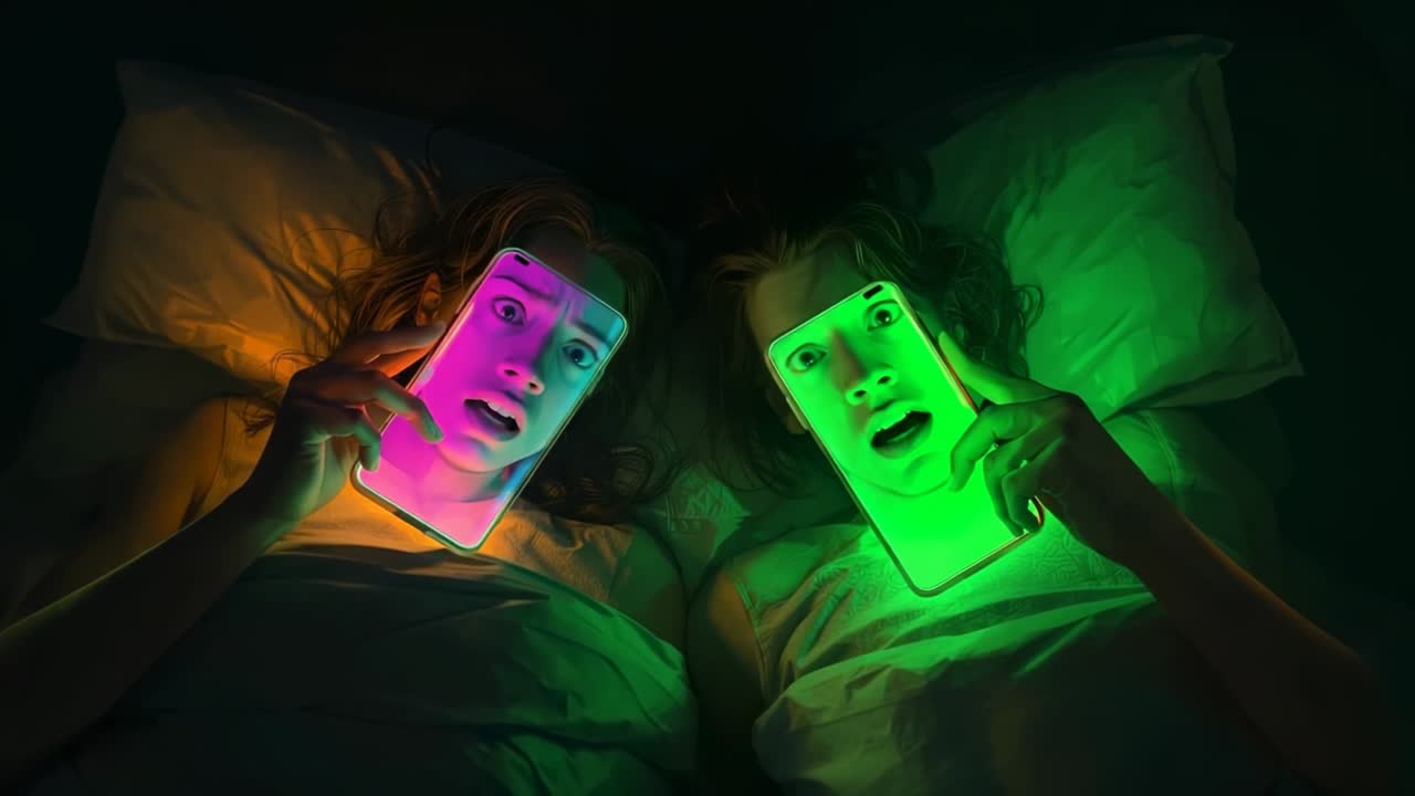 Reacting couple in sleepwear tilting heads to neon glowing screens in bedroom, with lamp light