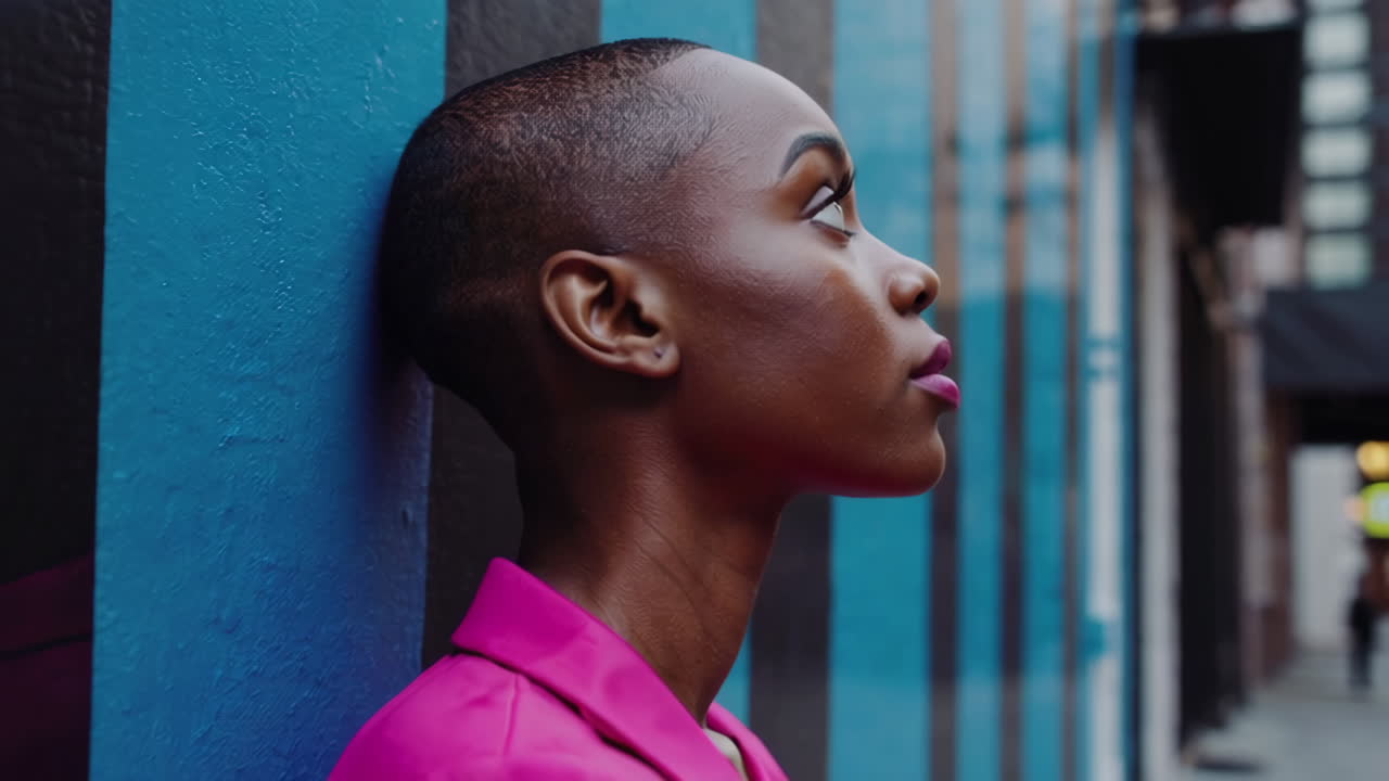Profile Portrait of a Young Woman in Pink Against an Urban Striped Wall