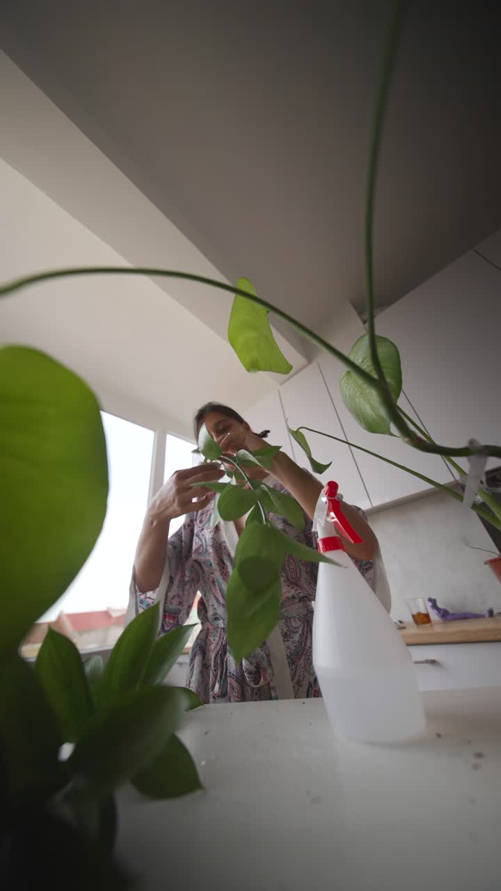 Woman Caring for Houseplants in Kitchen