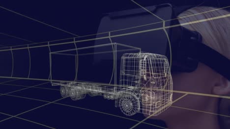 animación de un dibujo de coche en 3d sobre una mujer con auriculares vr
