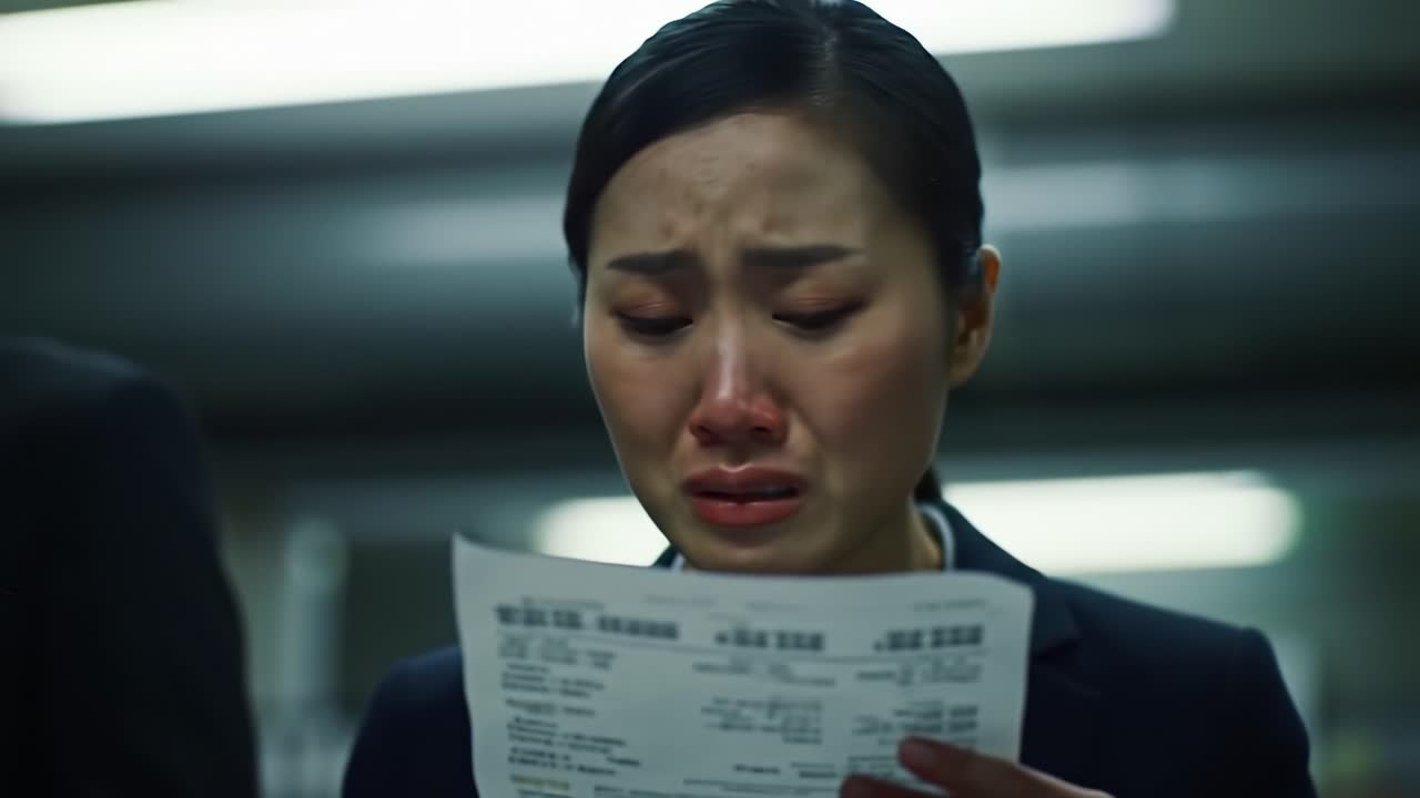 A Woman's Emotional Turmoil: Captured Moments of Grief and Despair as She Reads Troubling News in a Dimly Lit Environment