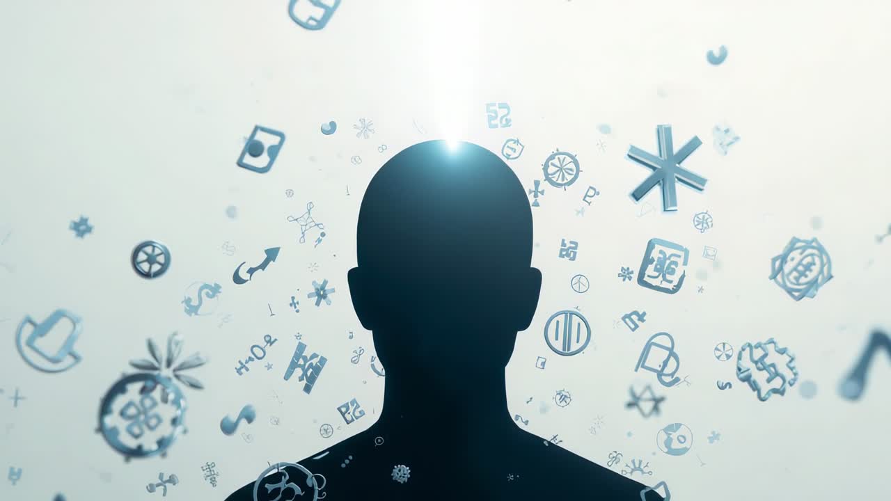 Ricezione di un fascio verticale, silhouette scura su un set fotografico, icone sfocate, concentrazione mentale
