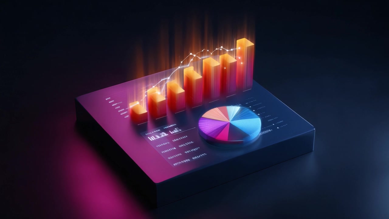 En engasjerende digital visualisering av datatrender med levende grafer og fargerike sektordiagrammer som representerer viktige statistiske innsikter i moderne analyse.