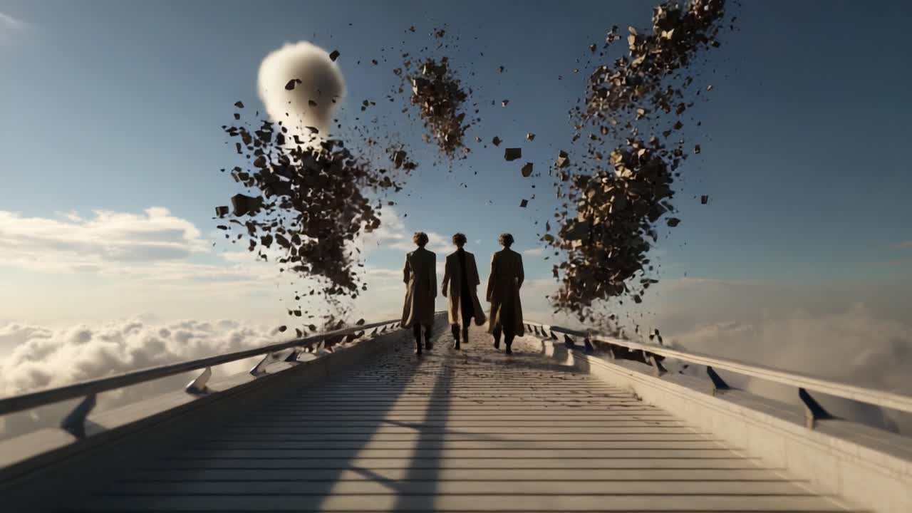 A Group of Three Figures Ascend from a Mystical Pathway Surrounded by Floating Debris and Billowing Clouds, Creating a Dramatic and Ethereal Atmosphere in Their Journey Above the Horizon