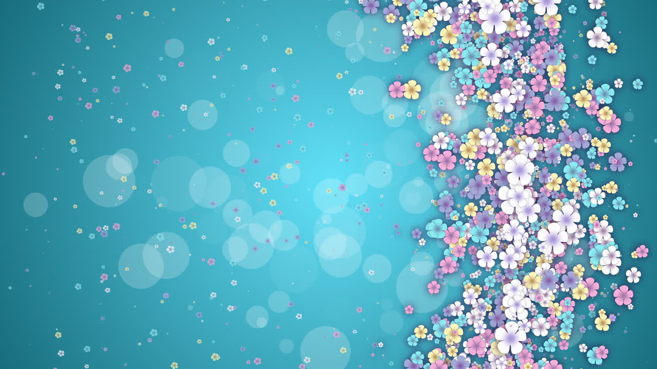 Small spring colored flowers on color of sea water abstract background. Looped holiday animation. Floral screensaver in pastel shades.