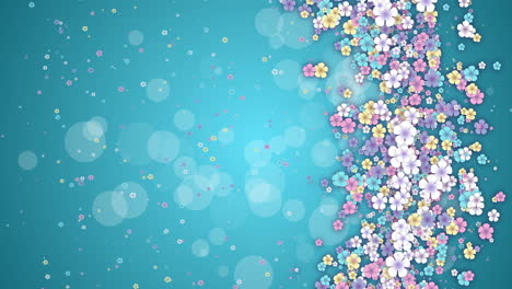 small spring colored flowers on color of sea water abstract background. looped holiday animation. floral screensaver in pastel shades.