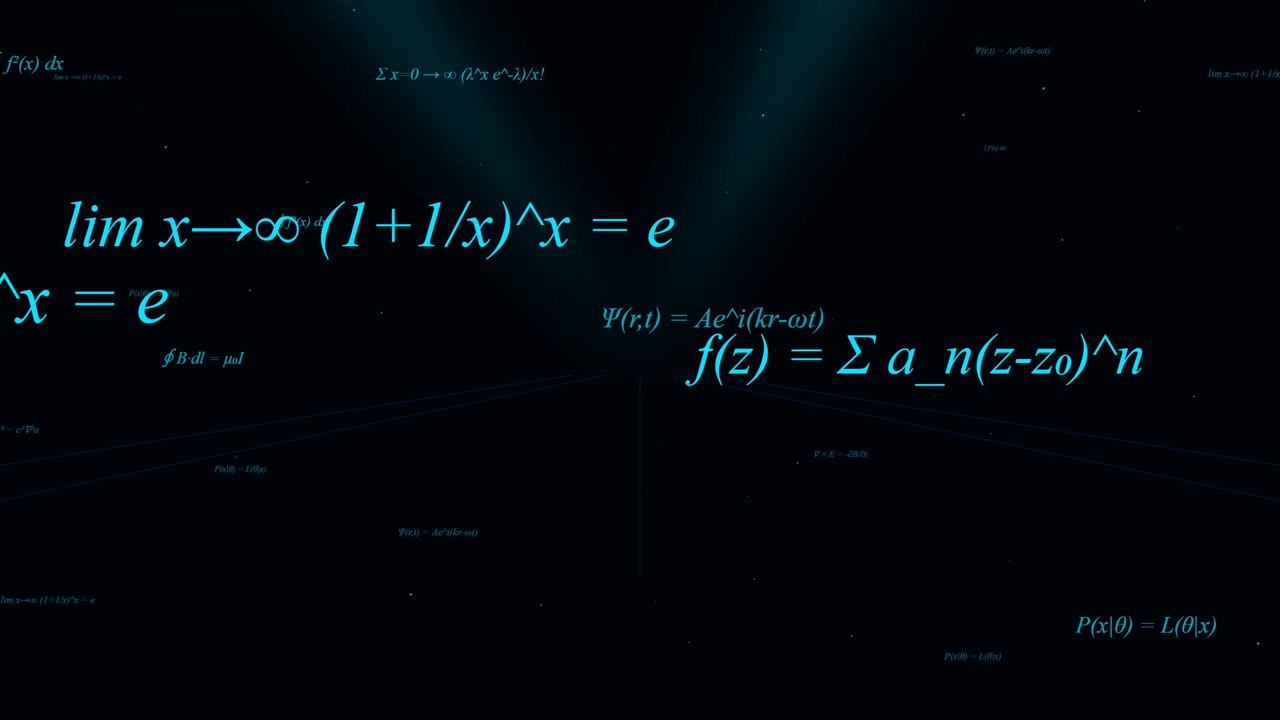 Matematiske ligninger og videnskabelige formler svævende i mørkt digitalt rum