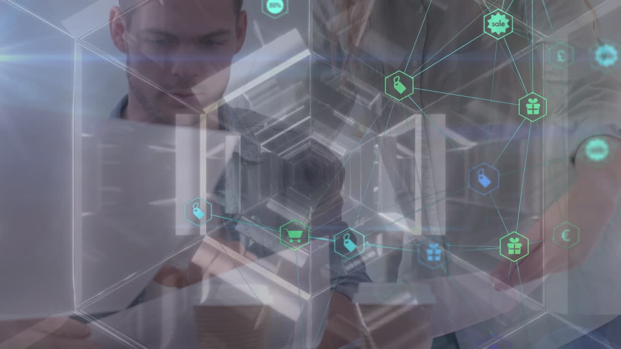 animación de iconos de los medios sobre gente de negocios caucásica hablando