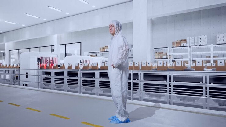 Full Body Side View Of Asian Male Scientist Putting Hands On His Hip And Looking Around With Conveyor for Packaging Coffee Beans in Bags at Coffee Factory