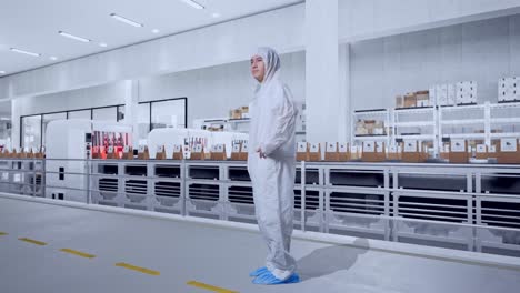 full body side view of asian male scientist putting hands on his hip and looking around with conveyor for packaging coffee beans in bags at coffee factory