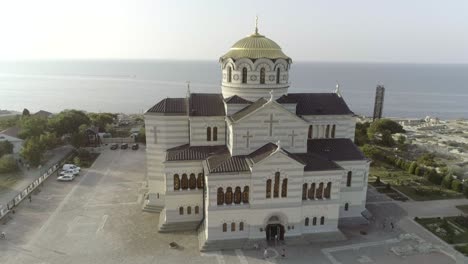 aerial view of a beautiful cathedral by the sea