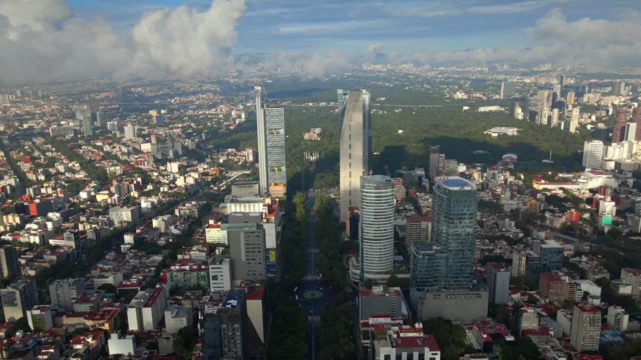 Establishing panoramic aerial view of Mexico City CDMX on a sunny day, modern buildings on Paseo de la Reforma