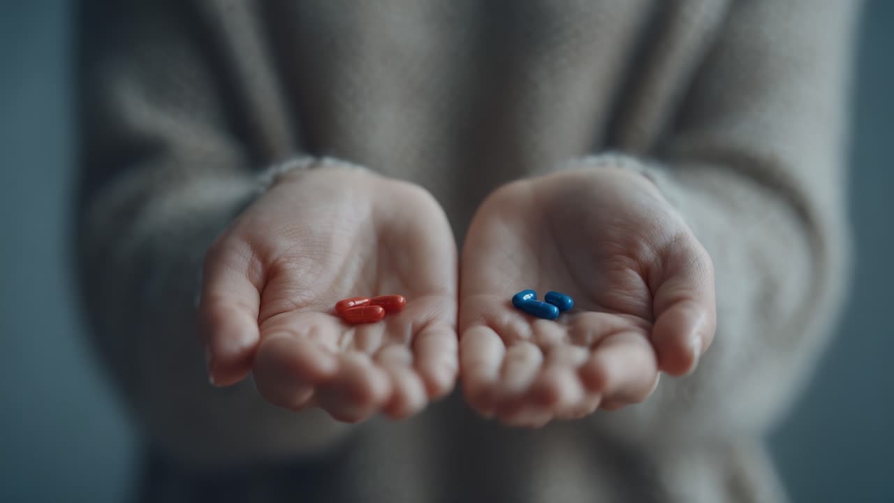 Un dilemma visivo: la scelta tra due percorsi, rappresentata da pillole rosse e blu tenute in mani tese, che simboleggia una decisione cruciale nella vita.