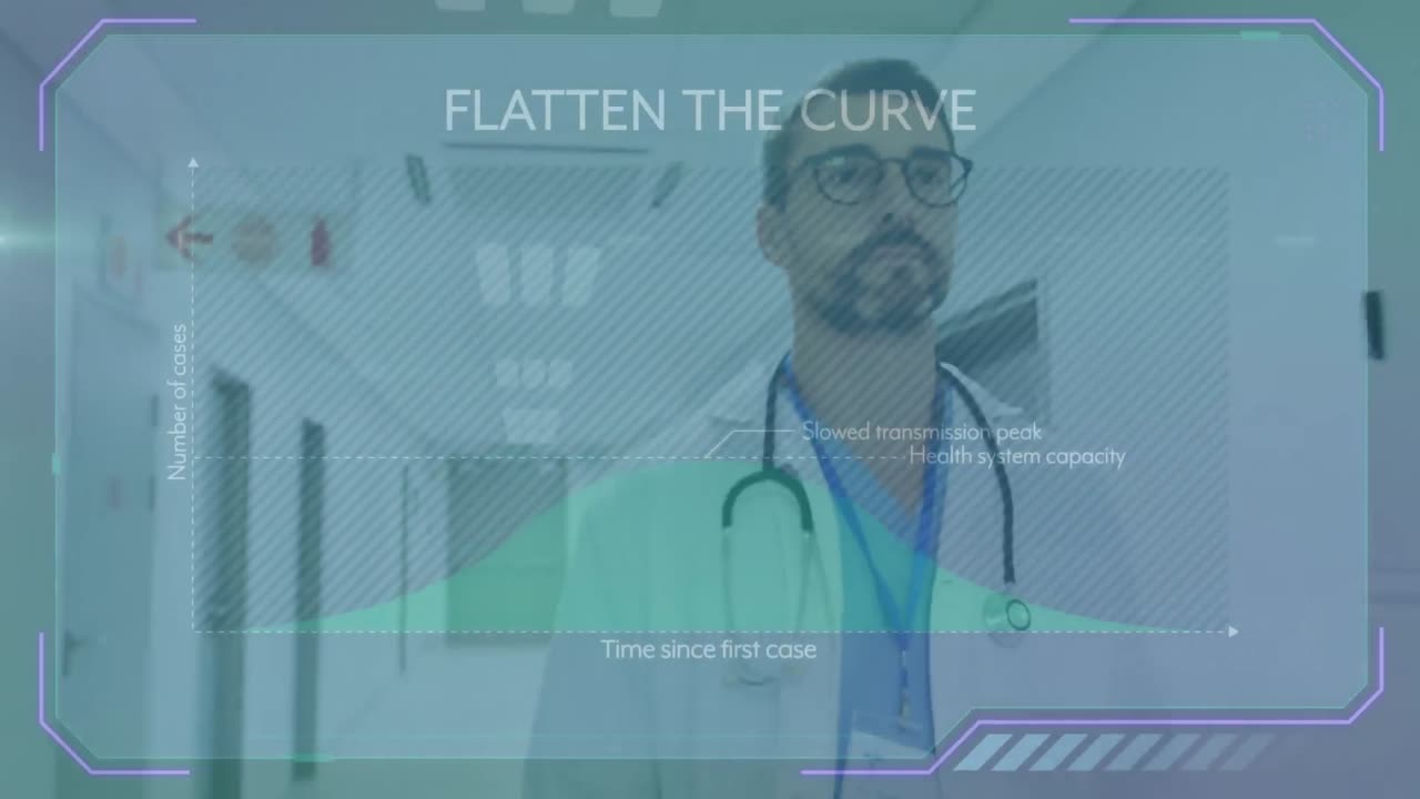Animation of covid 19 virus data processing over male doctor