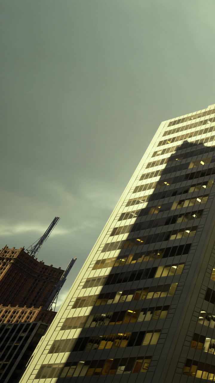Las sombras del horizonte bailan en los edificios de la ciudad bajo una luz crepuscular evocadora.