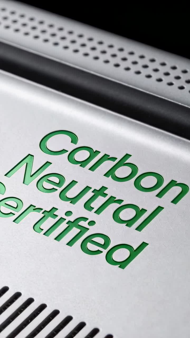 Vertikal video: Skiftende tidsindstillet kameraindstilling ned i studie, viser CO2-neutralt certificeret panel.