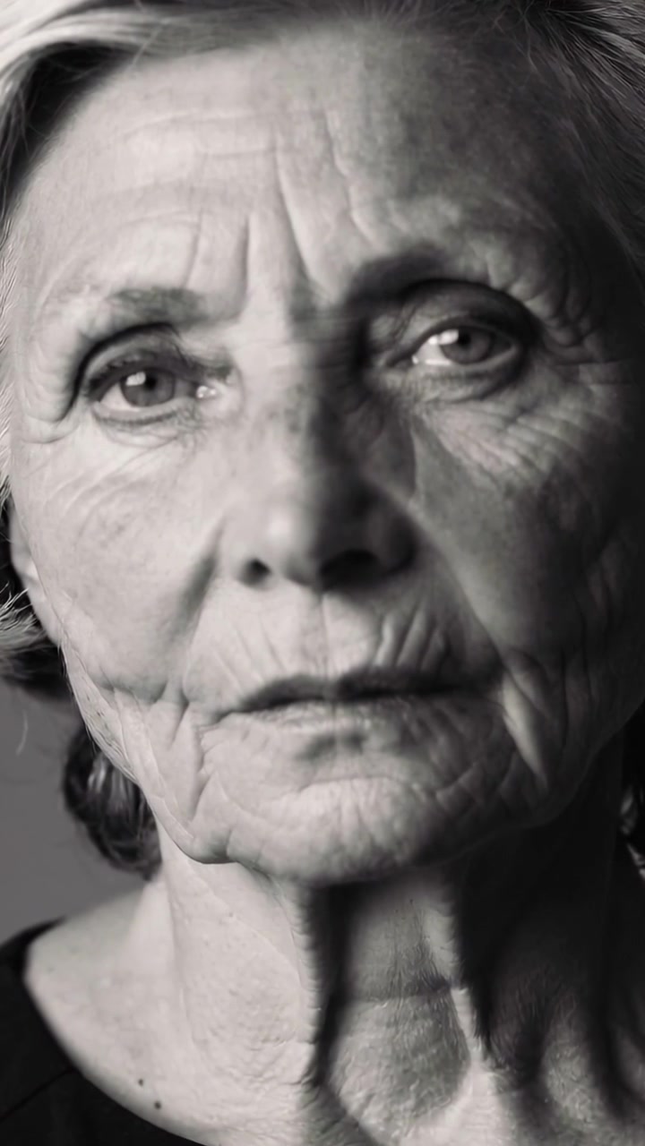 Vertical video: Gazing older woman on camera cue shifting eyes and blinking in studio, dark top