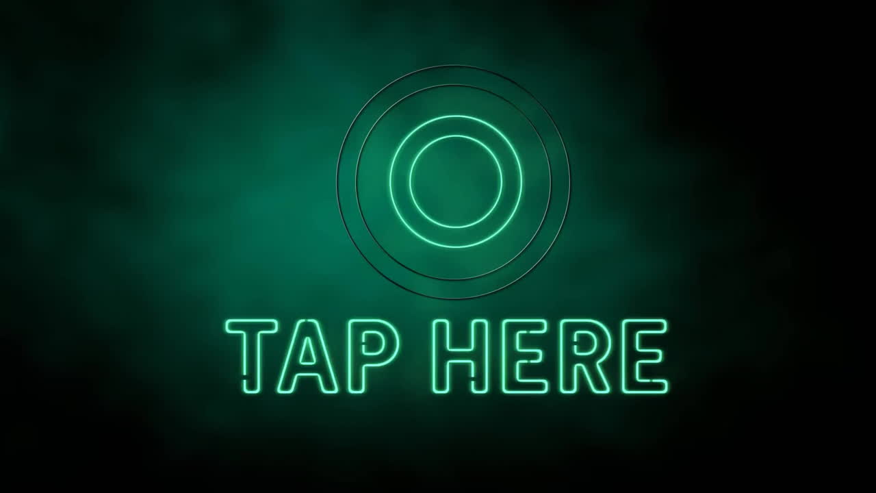 Animation of neon tap here text and glowing circles of light moving on black background