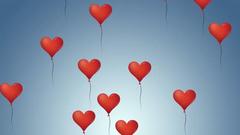 digital animation of multiple red heart shaped balloons floating against blue background