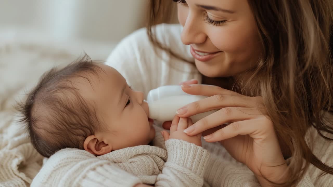 Cradling mother feeding infant from white bottle for nutrition in cozy home corner, with blanket
