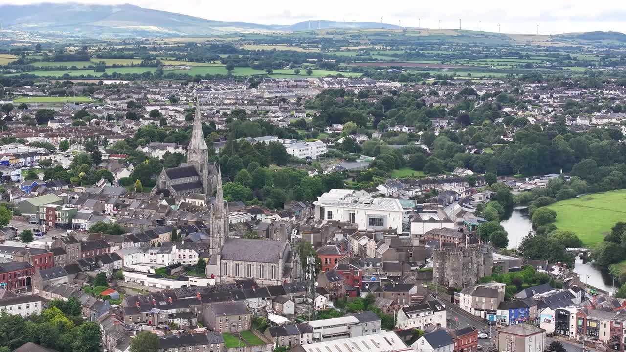 Enniscorthy drone panoramic with church and castle. Ireland small town on river