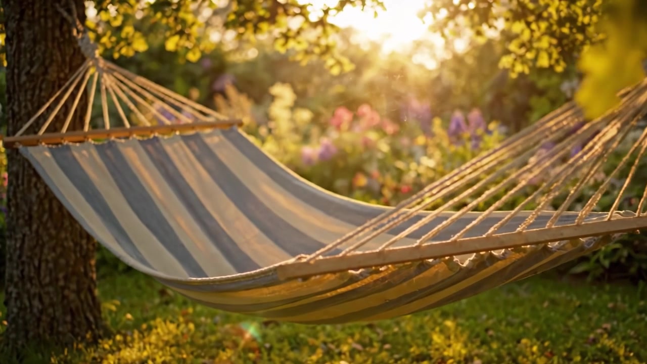 Una scena serena al tramonto: un'amaca a strisce che oscilla tra due alberi, circondata da un giardino vibrante in fiore con la morbida luce dorata del sole che filtra tra le foglie