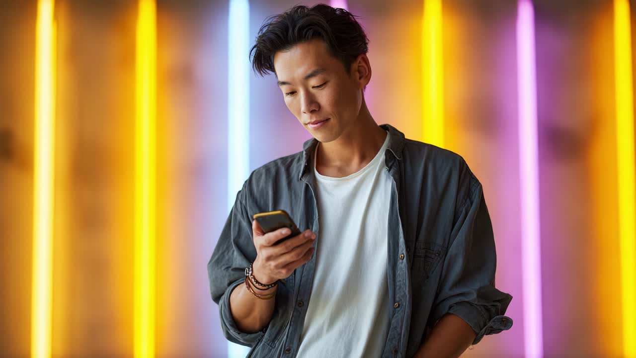 A young man engrossed in his smartphone against a vibrant backdrop of neon lights, showcasing modern technology and casual style, embodying the intersection of youth culture and digital connectivity