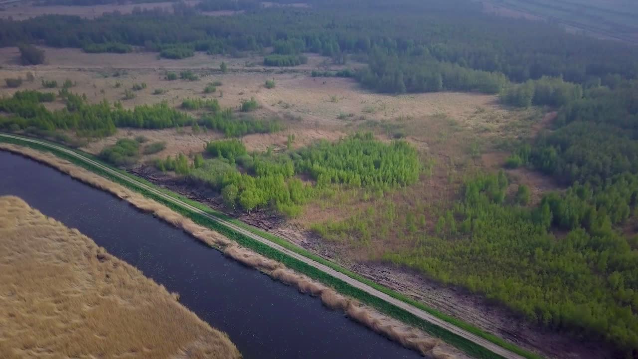 vista aérea del lago cubierto de juncos marrones y agua azul, lago liepaja, letonia, día soleado, clima tranquilo, disparo de drones de gran angular a gran altitud avanzando, cámara inclinada hacia abajo