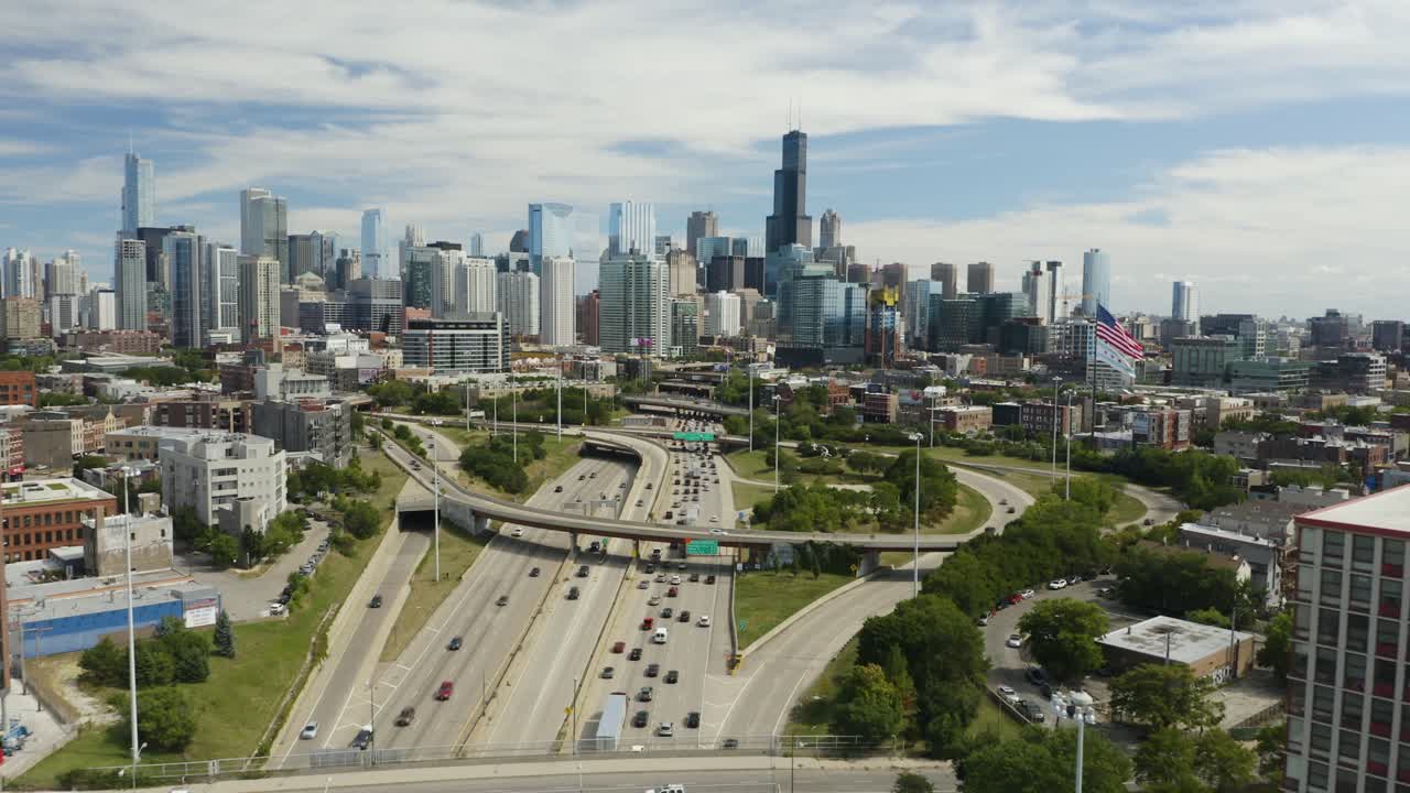Vehicles Driving on Kennedy Expressway toward Downtown Chicago, Birds Eye View