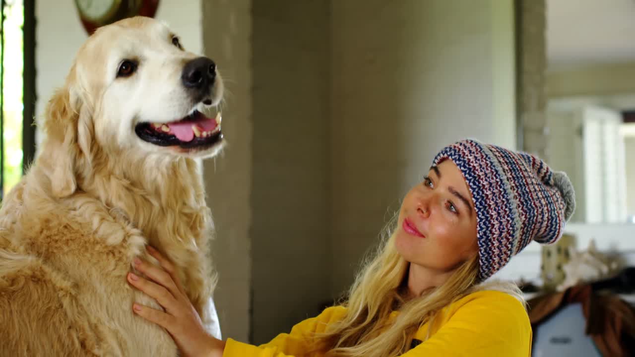 소파 4k에 그녀의 개와 함께 여성